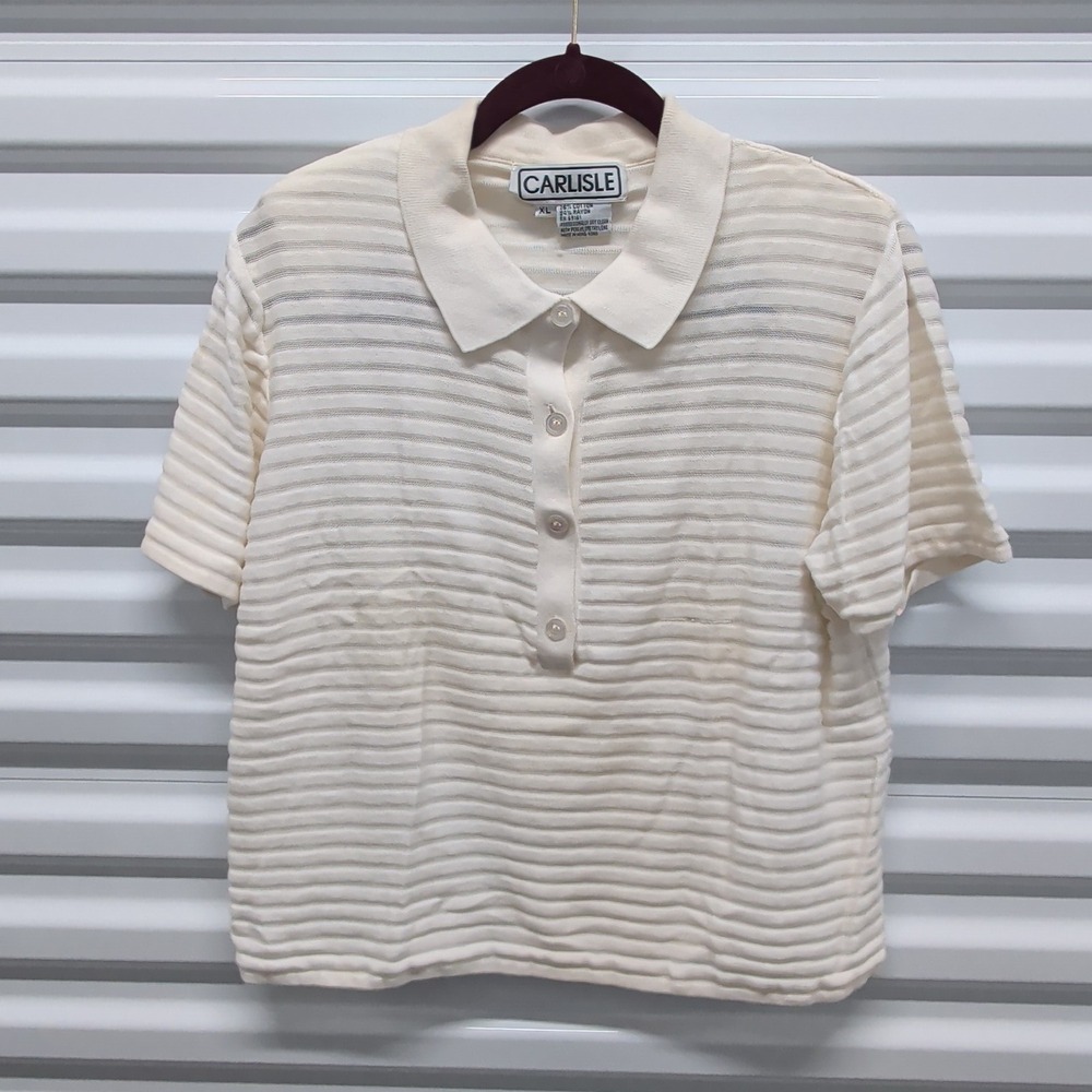 Carlisle Polo Shirt XL Womens‎ Cream Textured Stripe Short Sleeve Cotton Blend
